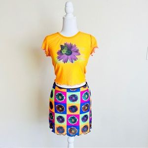 Dolls Kill Orange & Mutlicolor Mesh Neo-psychedelic Lettuce Trim Top & Skirt Set